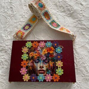Flower Child -  Red Cigar Box Purse w/Boho Adjustable Crochet CrossBody Strap